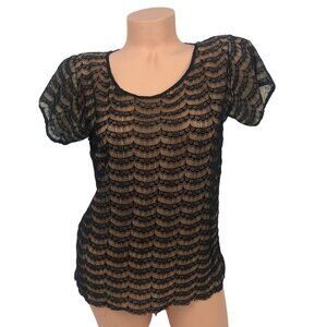 J Crew Black Scalloped Lace Overlay Top Nude Size‎ XS Dressy Party Shirt Blouse